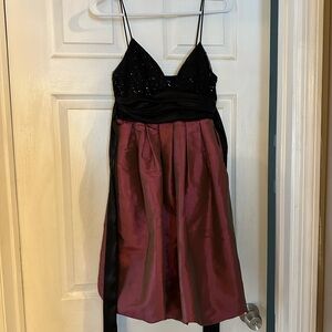 Jodi Kristopher black sequin and purple/maroon iridescent dress